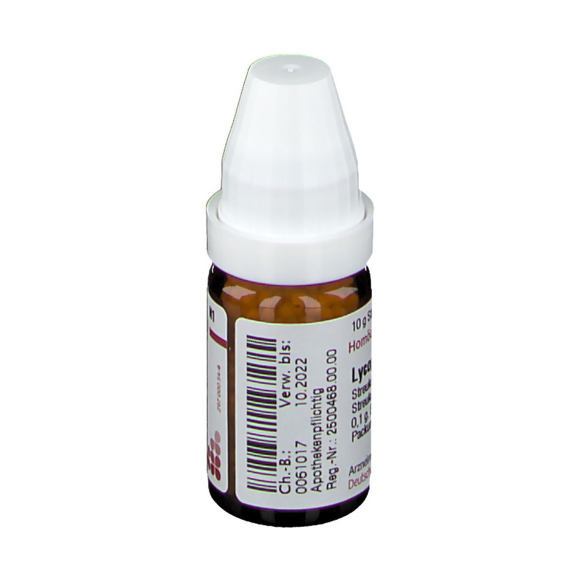 Braune Glasflasche mit weißem Deckel. Beschriftung: Lycopodium D 1000, 10 g Streukügelchen. Apothekenpflichtig.