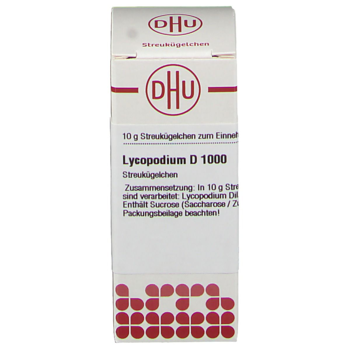 Karton mit DHU-Logo und Beschriftung: Lycopodium D 1000, 10 g Streukügelchen. Apothekenpflichtig.