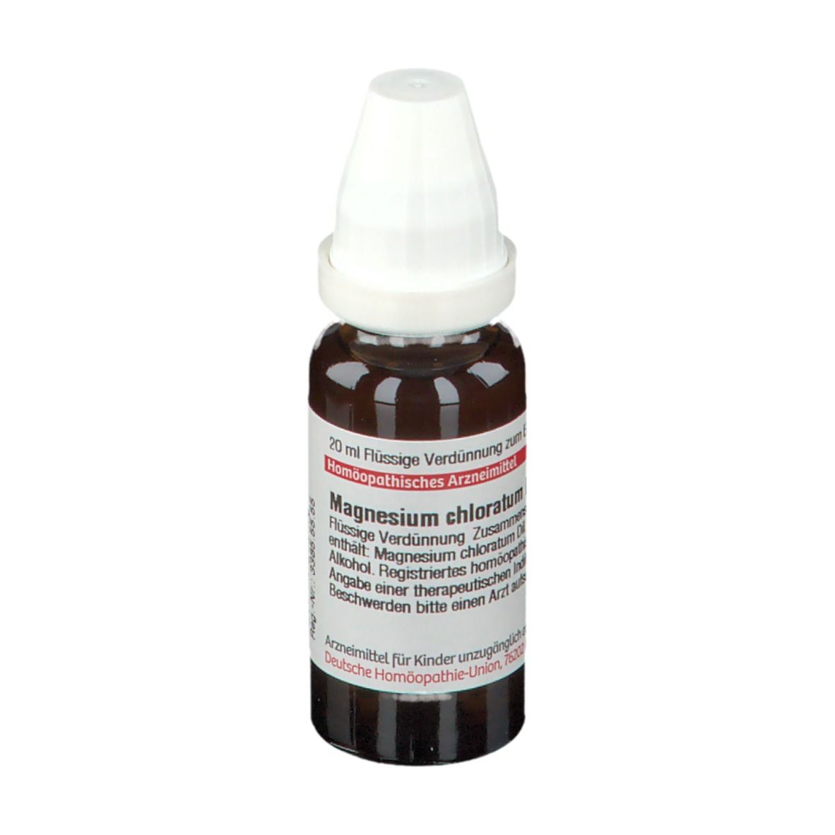 Braune Glasflasche mit weißem Verschluss. Etikett mit Text: Magnesium chloratum, 20 ml flüssige Verdünnung.