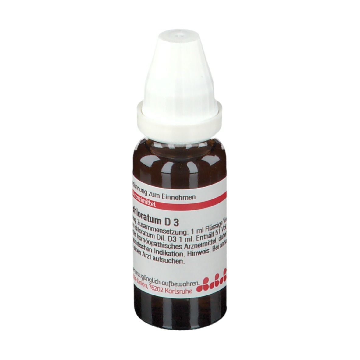 Braune Glasflasche mit weißem Verschluss. Etikett mit Text: Magnesium chloratum D3, 20 ml flüssige Verdünnung.