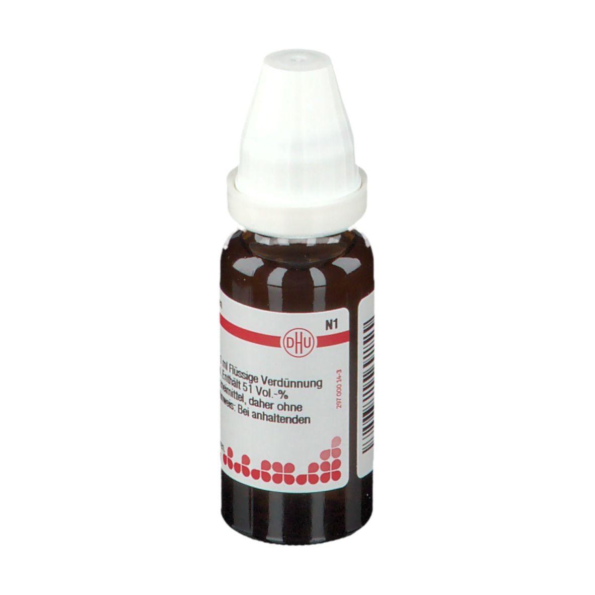Braune Glasflasche mit weißem Verschluss. Etikett mit Text: DHU, N1, 20 ml flüssige Verdünnung.