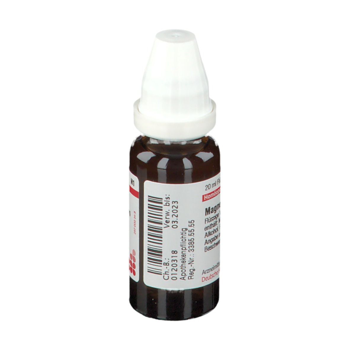 Braune Glasflasche mit weißem Verschluss. Etikett mit Text: 20 ml, Magnesium chloratum, Verwendbar bis 03.2023.