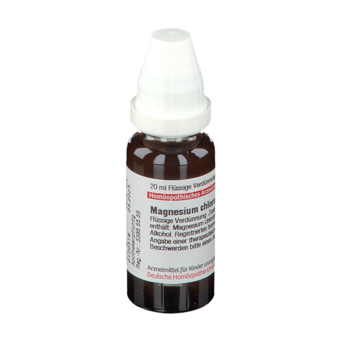 Braune Glasflasche mit weißem Verschluss. Etikett mit Text: 20 ml flüssige Verdünnung, Magnesium chloratum.