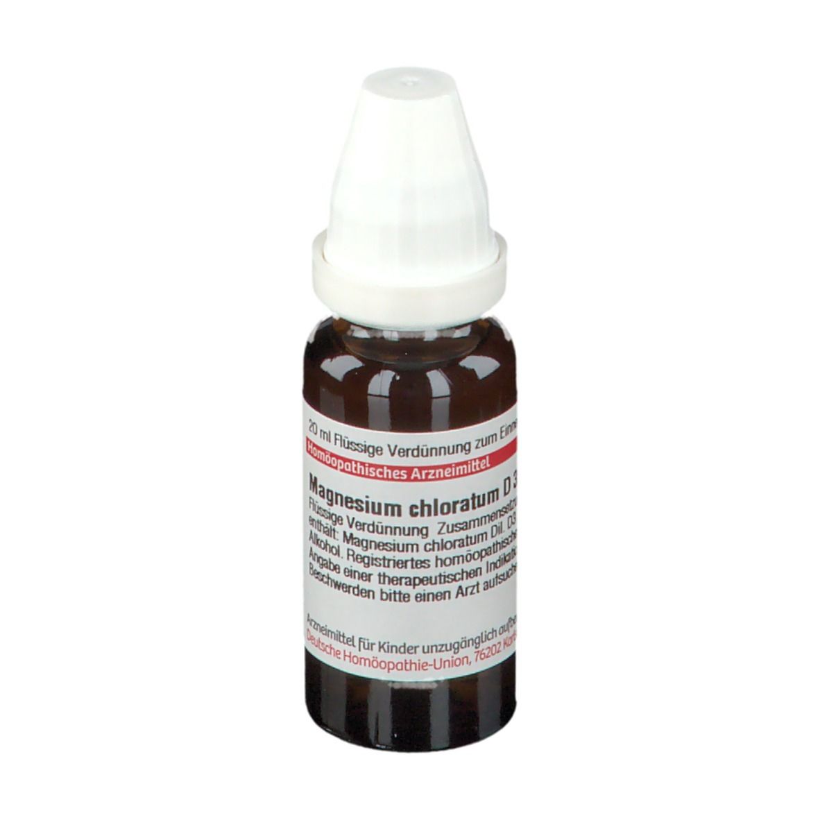 Braune Glasflasche mit weißem Verschluss. Etikett mit Text: Magnesium chloratum D3, 20 ml flüssige Verdünnung.