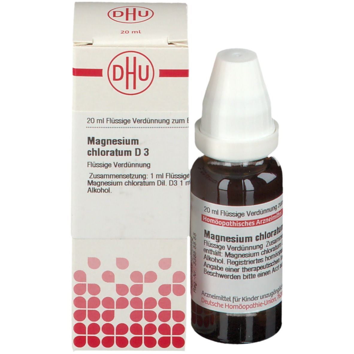 Braune Glasflasche und Schachtel. Auf der Schachtel: DHU, Magnesium chloratum D3, 20 ml.