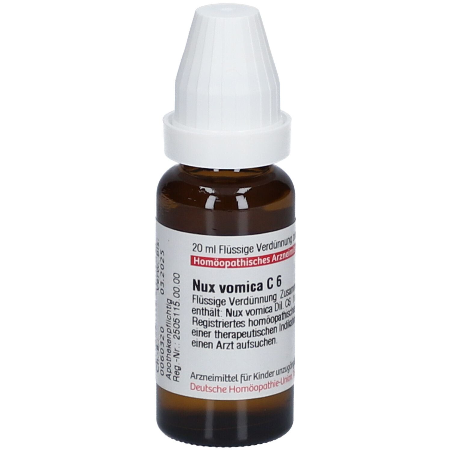 Braune Glasflasche mit weißem Verschluss. Etikett mit Produktinformationen: Nux vomica C6, 20 ml.