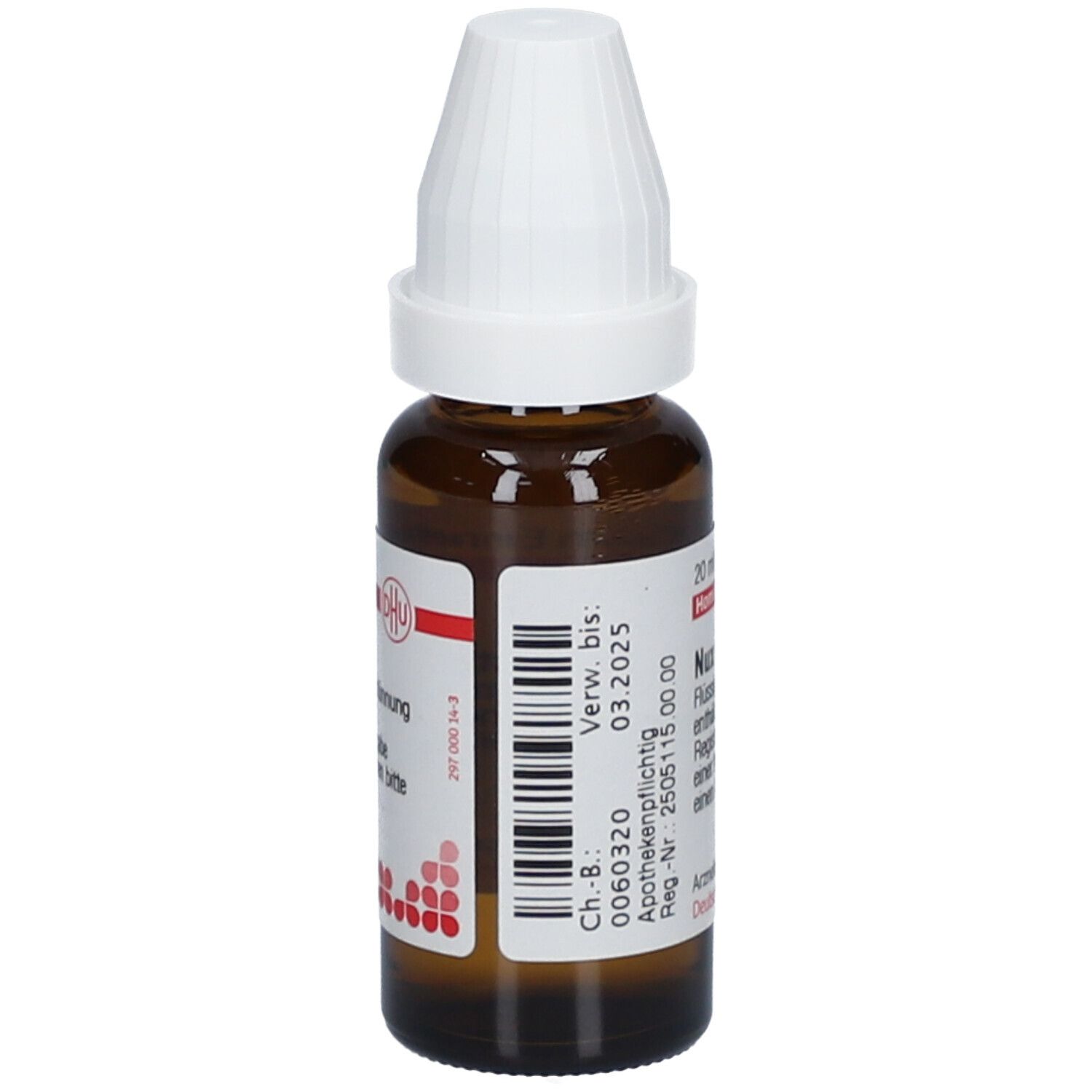 Braune Glasflasche mit weißem Verschluss. Etikett mit Produktinformationen: Nux vomica C6, 20 ml. Apothekenpflichtig.