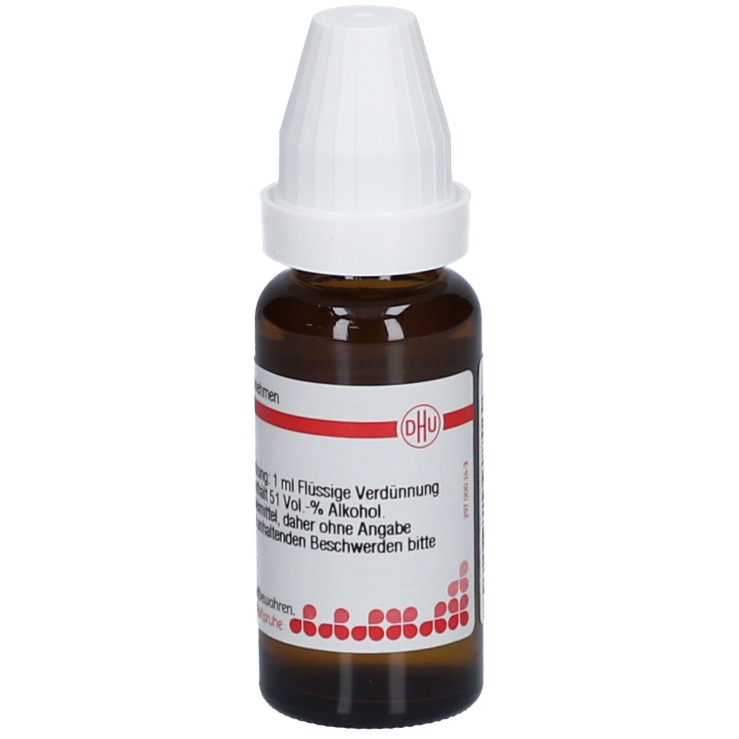 Braune Glasflasche mit weißem Verschluss. Etikett mit Produktinformationen: Nux vomica C6, 1 ml.