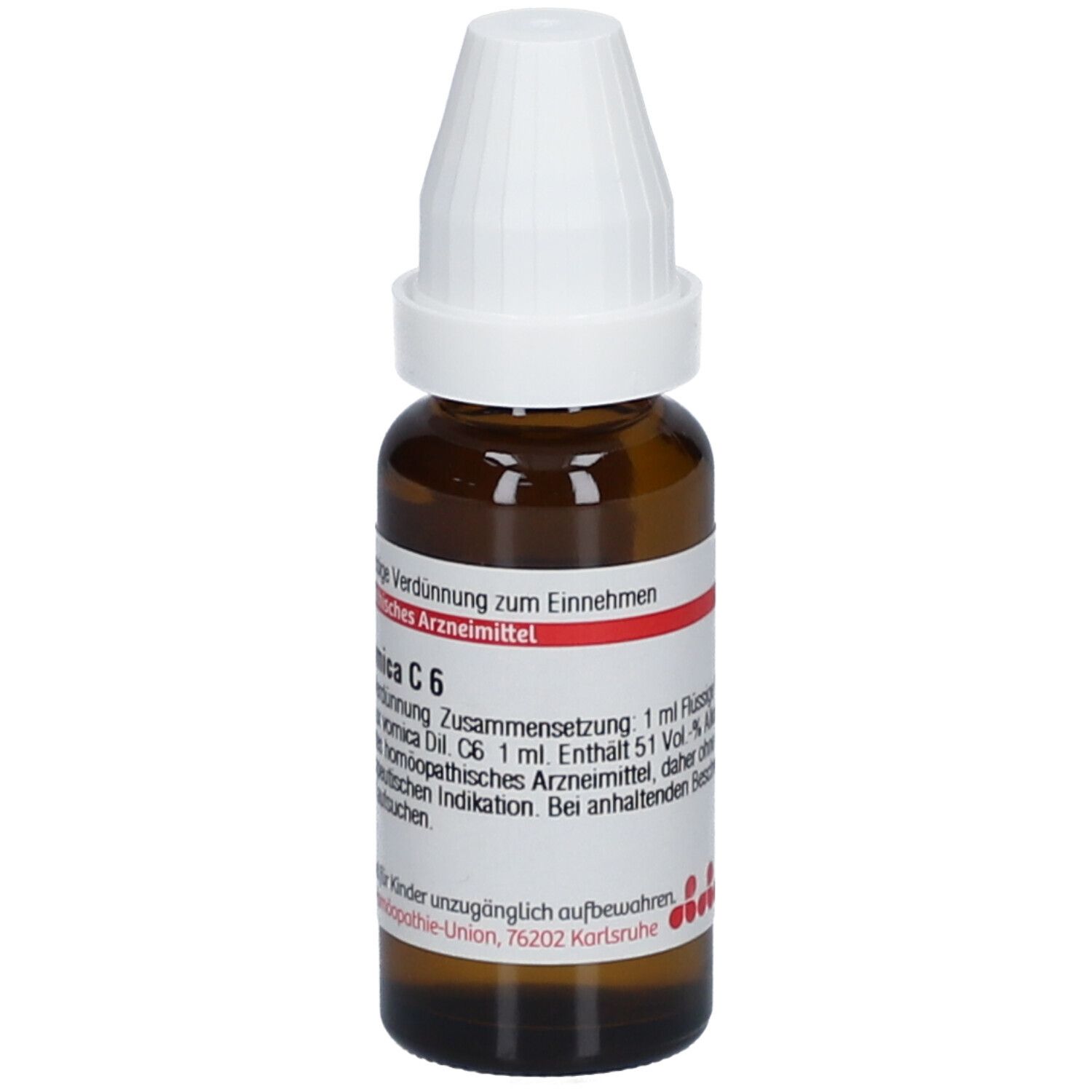 Braune Glasflasche mit weißem Verschluss. Etikett mit Produktinformationen: Nux vomica C6, 1 ml.