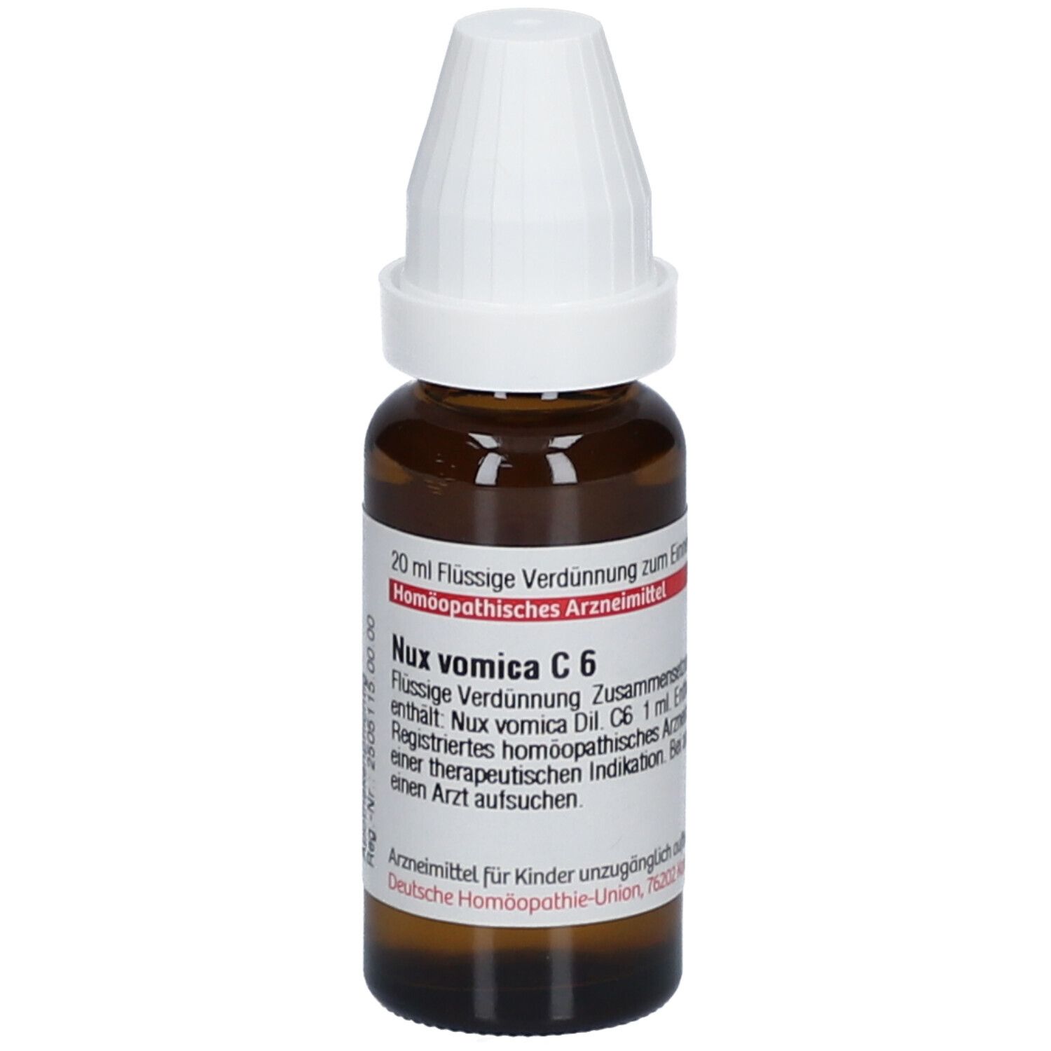 Braune Glasflasche mit weißem Verschluss. Etikett mit Produktinformationen: Nux vomica C6, 20 ml.