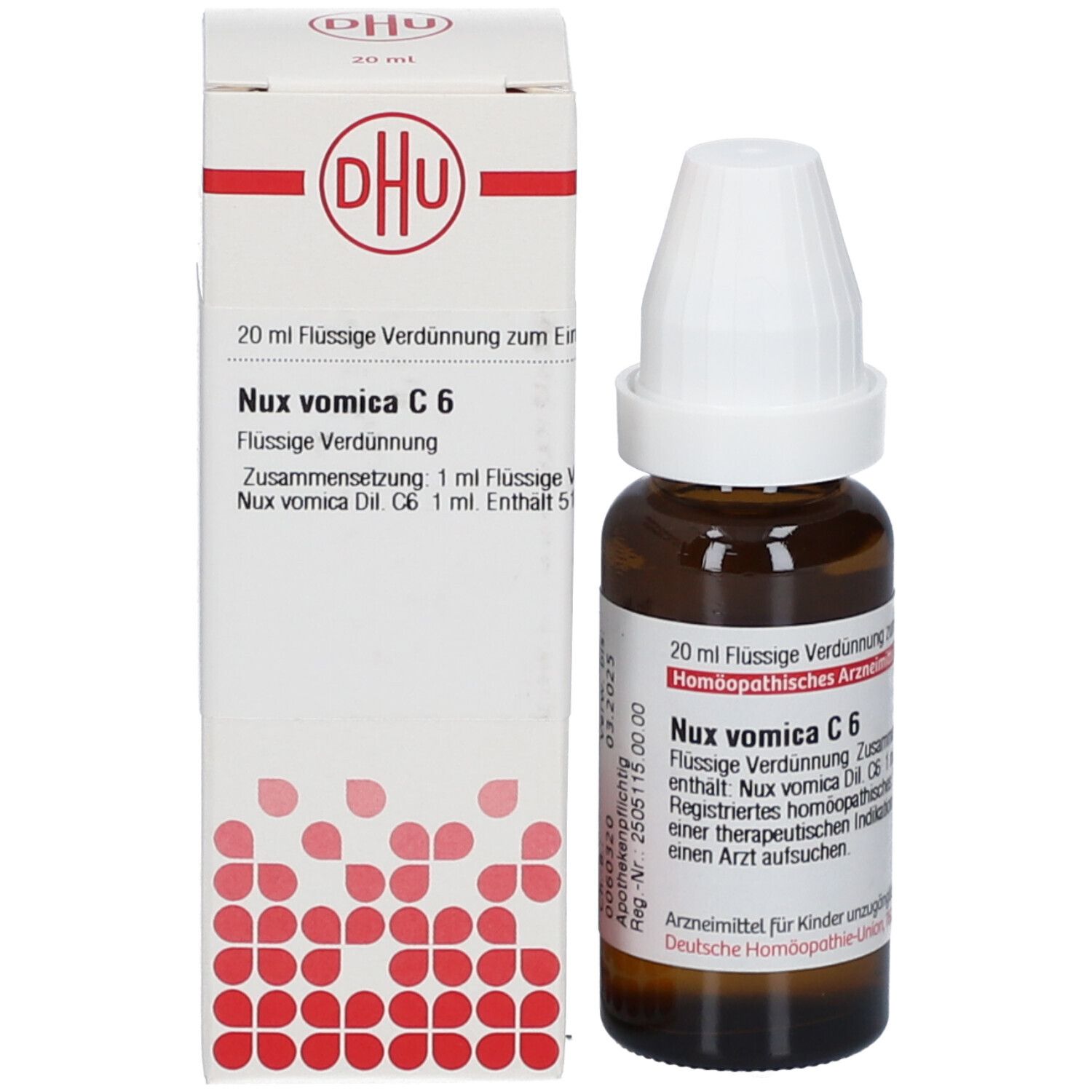 Produktverpackung und Flasche. Weiße Schachtel mit DHU-Logo und Flasche Nux vomica C6.