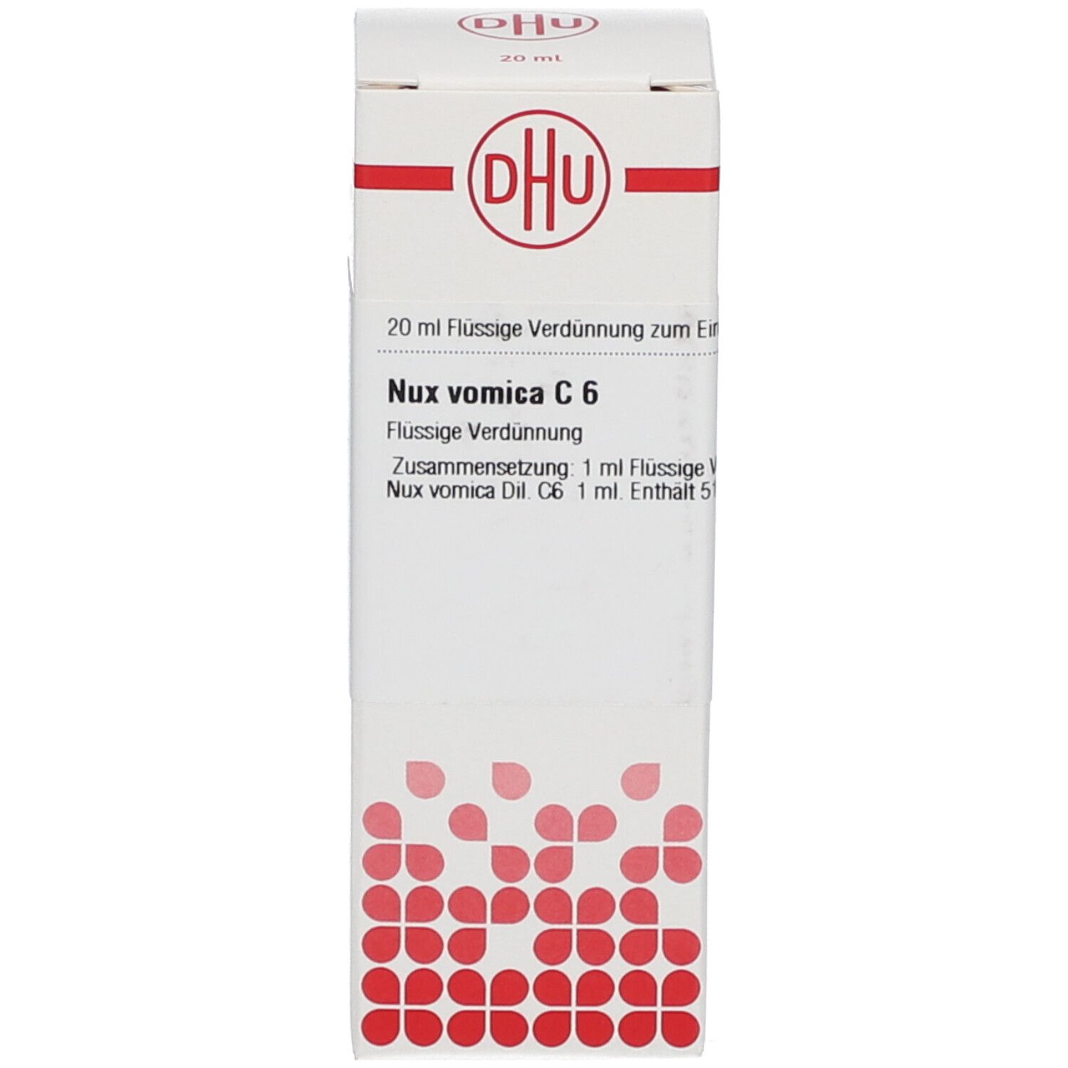 Weiße Schachtel mit DHU-Logo. Aufschrift: Nux vomica C6, 20 ml.