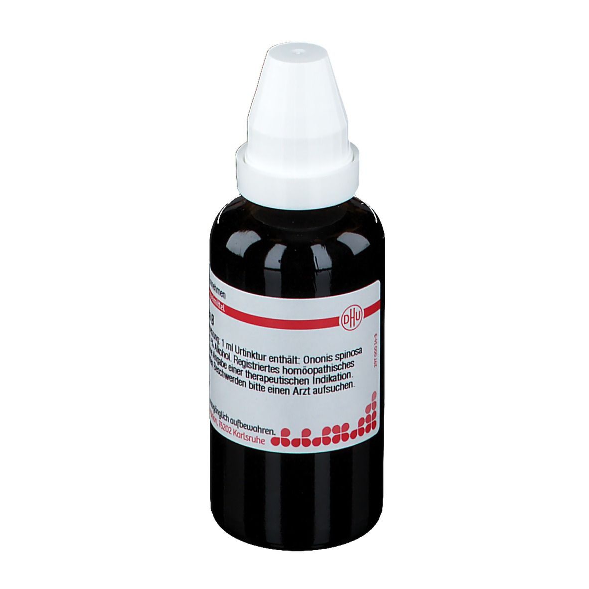 Braune Glasflasche mit weißem Deckel. Roter Streifen mit Text. Etikett mit Text. Tropfflasche.