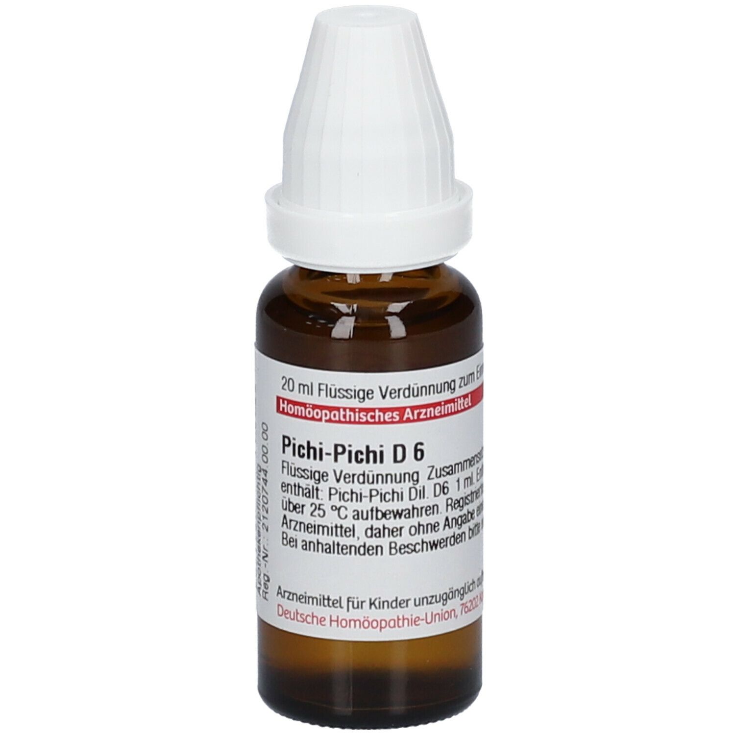 Braune Glasflasche mit weißem Deckel. Beschriftung: Pichi-Pichi D 6, 20 ml Flüssige Verdünnung. Deutsche Homöopathie-Union.