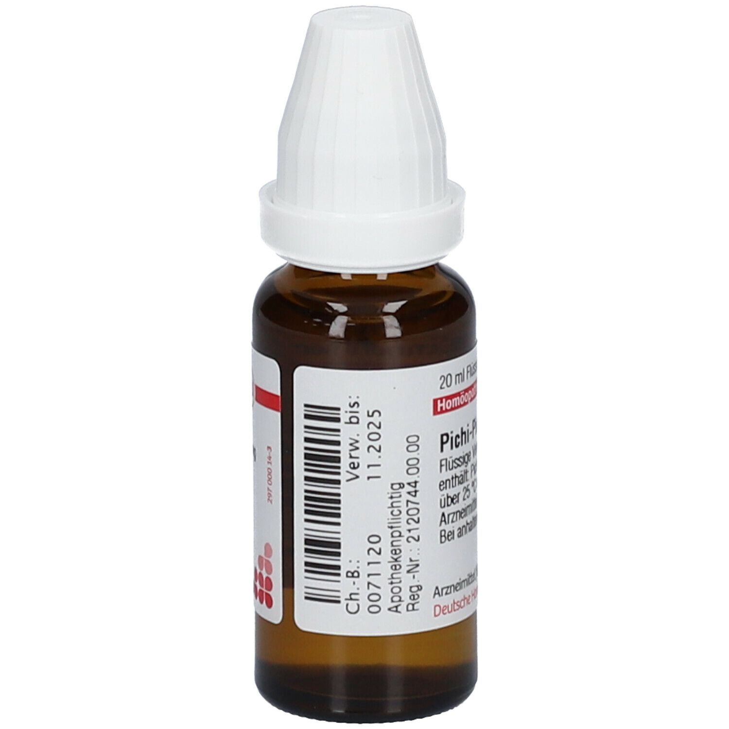 Braune Glasflasche mit weißem Deckel. Etikett mit Chargennummer und Verfallsdatum. Beschriftung: Pichi-Pichi D 6, 20 ml.