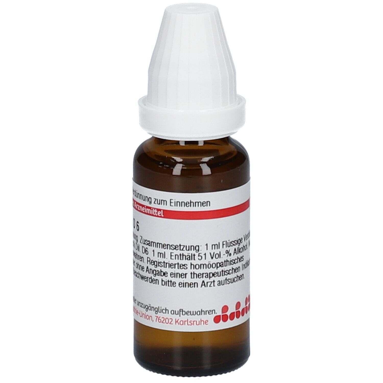 Braune Glasflasche mit weißem Deckel. Beschriftung: Pichi-Pichi D 6, 20 ml Flüssige Verdünnung. Deutsche Homöopathie-Union.