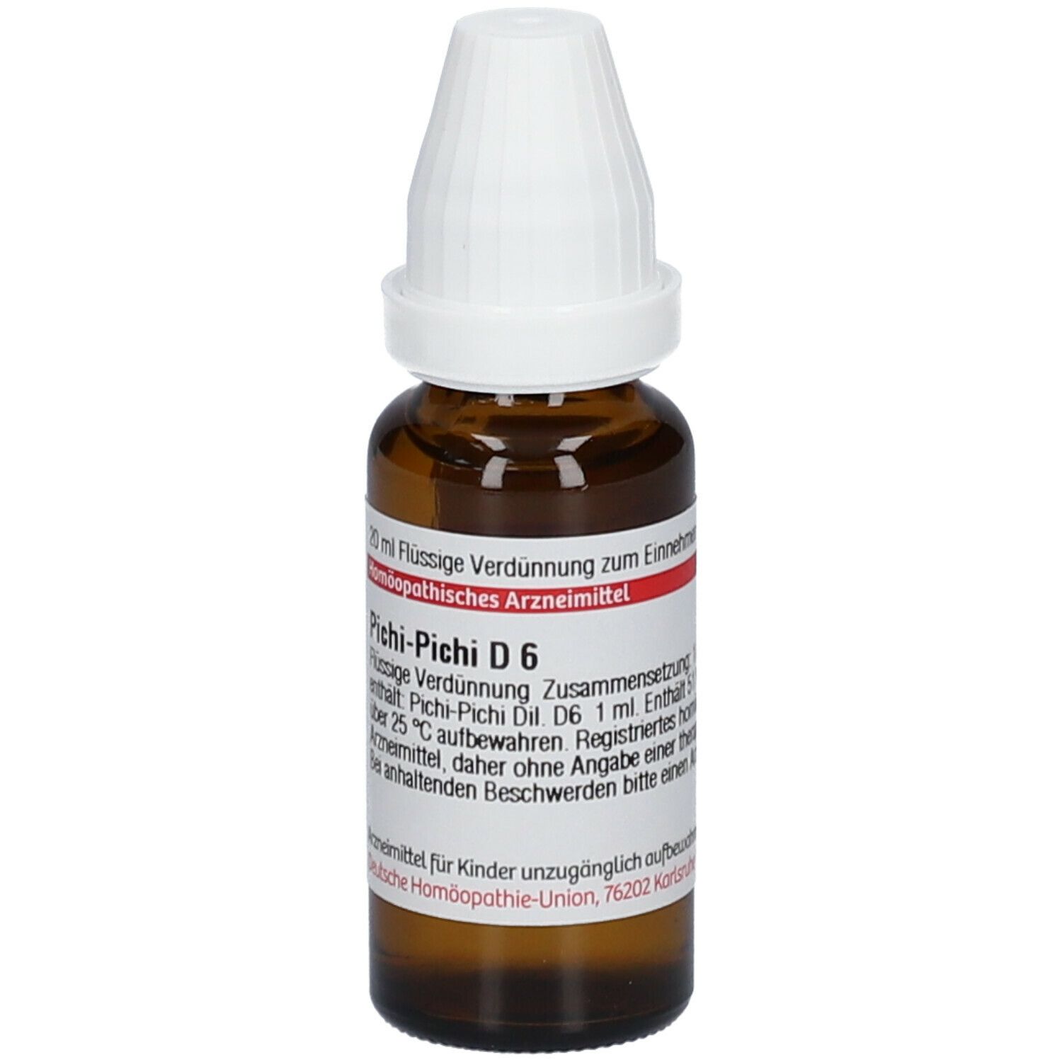 Braune Glasflasche mit weißem Deckel. Beschriftung: Pichi-Pichi D 6, 20 ml Flüssige Verdünnung. Deutsche Homöopathie-Union.