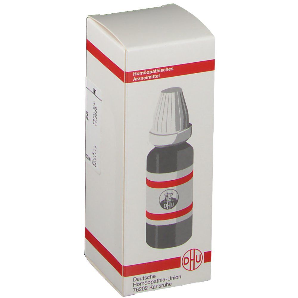 Weiße Schachtel mit roter Umrandung. Aufschrift: Homöopathisches Arzneimittel. DHU-Logo.