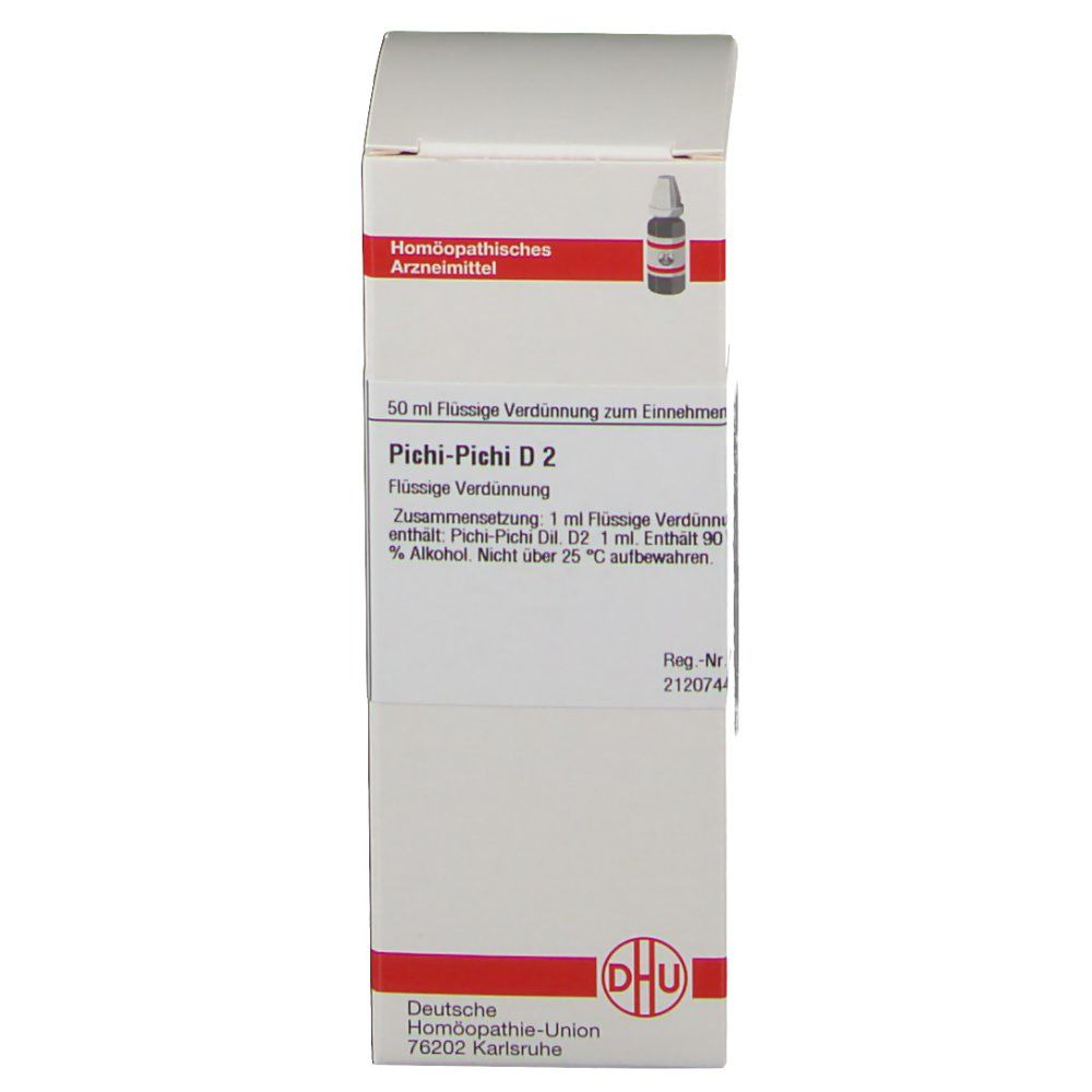 Weiße Schachtel mit roter Umrandung. Aufschrift: Pichi-Pichi D 2. DHU-Logo unten rechts.