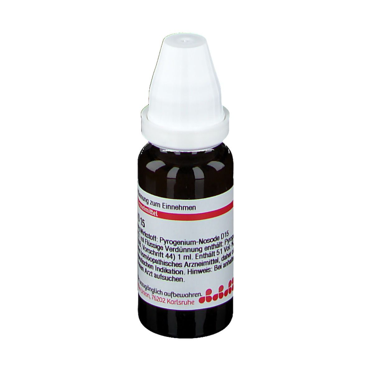 Braune Glasflasche mit weißem Deckel. Beschriftung: Pyrogenium D 15, 20 ml Flüssige Verdünnung.