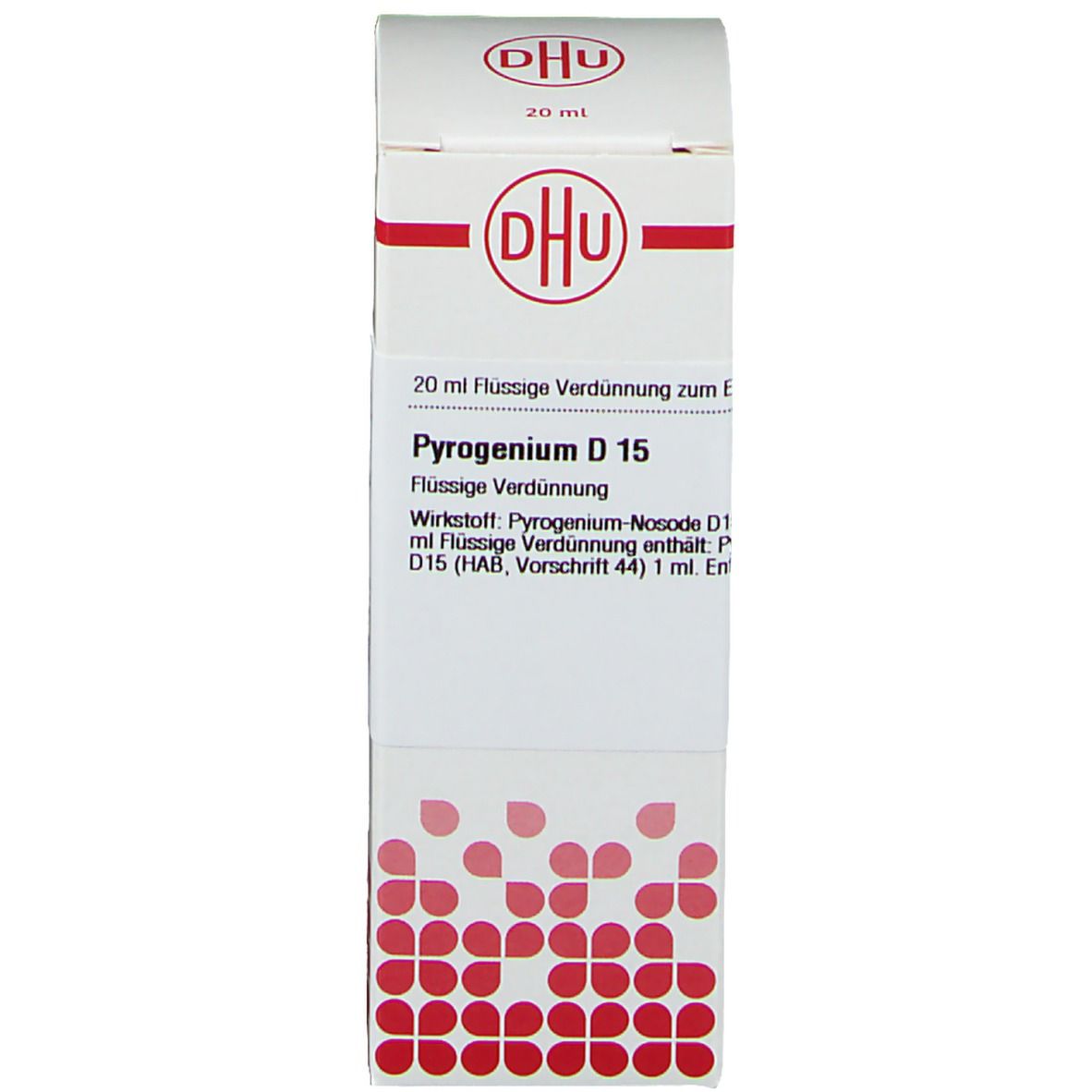 Schachtel mit Aufschrift: DHU, Pyrogenium D 15, 20 ml Flüssige Verdünnung.