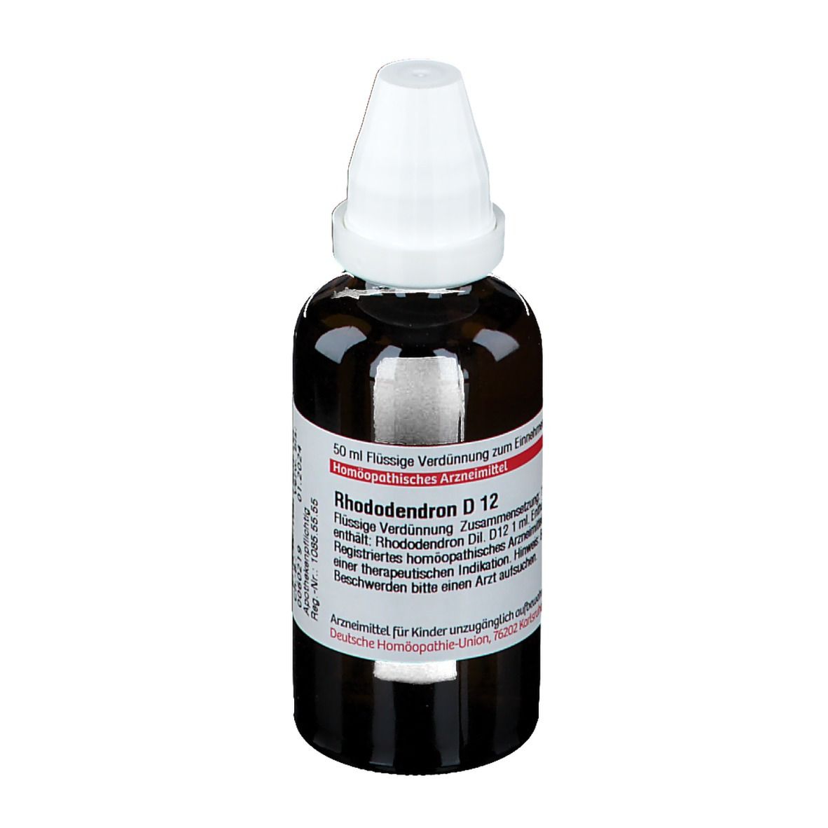 Braune Glasflasche mit weißem Verschluss. Etikett mit Produktnamen Rhododendron D 12 und weiteren Informationen.