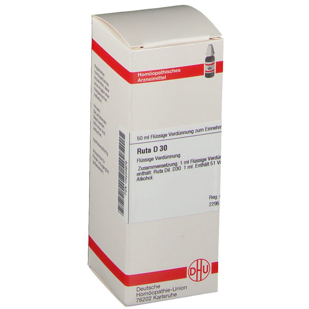 Weiße Schachtel mit roter Umrandung und Aufschrift Ruta D 30. Logo DHU unten rechts.