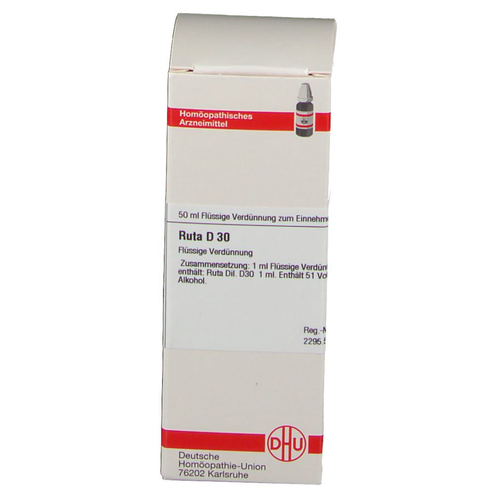 Weiße Schachtel mit roter Umrandung und Aufschrift Ruta D 30. Logo DHU unten rechts.