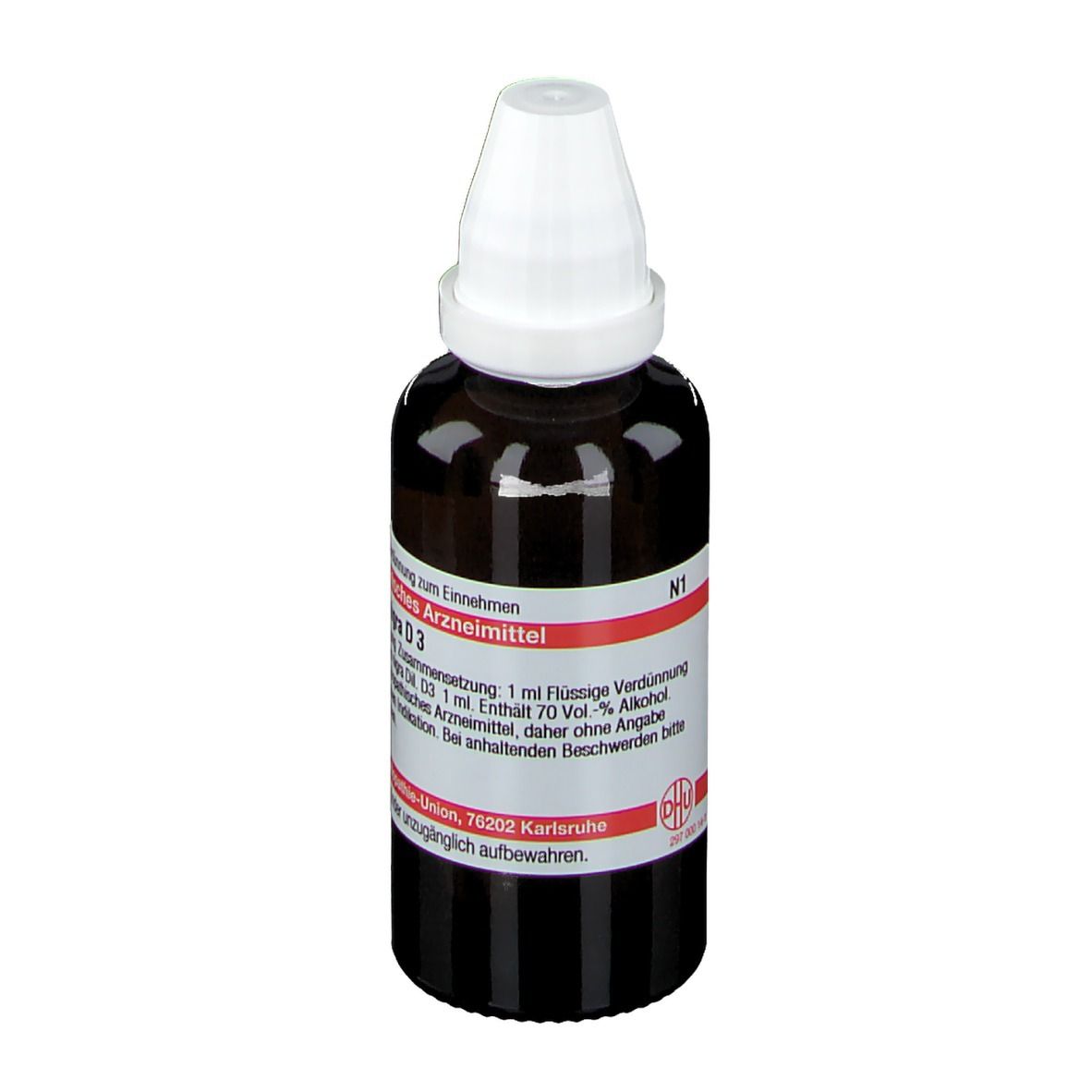 Braune Glasflasche mit weißem Verschluss. Etikett mit Produktinformationen. DHU Sambucus nigra D3.