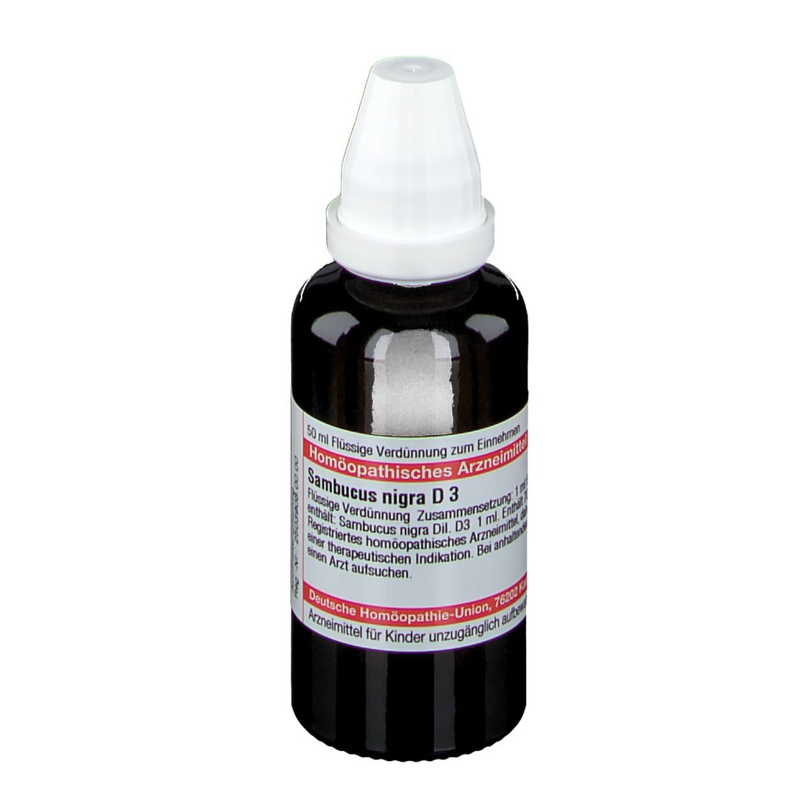 Braune Glasflasche mit weißem Verschluss. Etikett mit Produktinformationen. DHU Sambucus nigra D3.