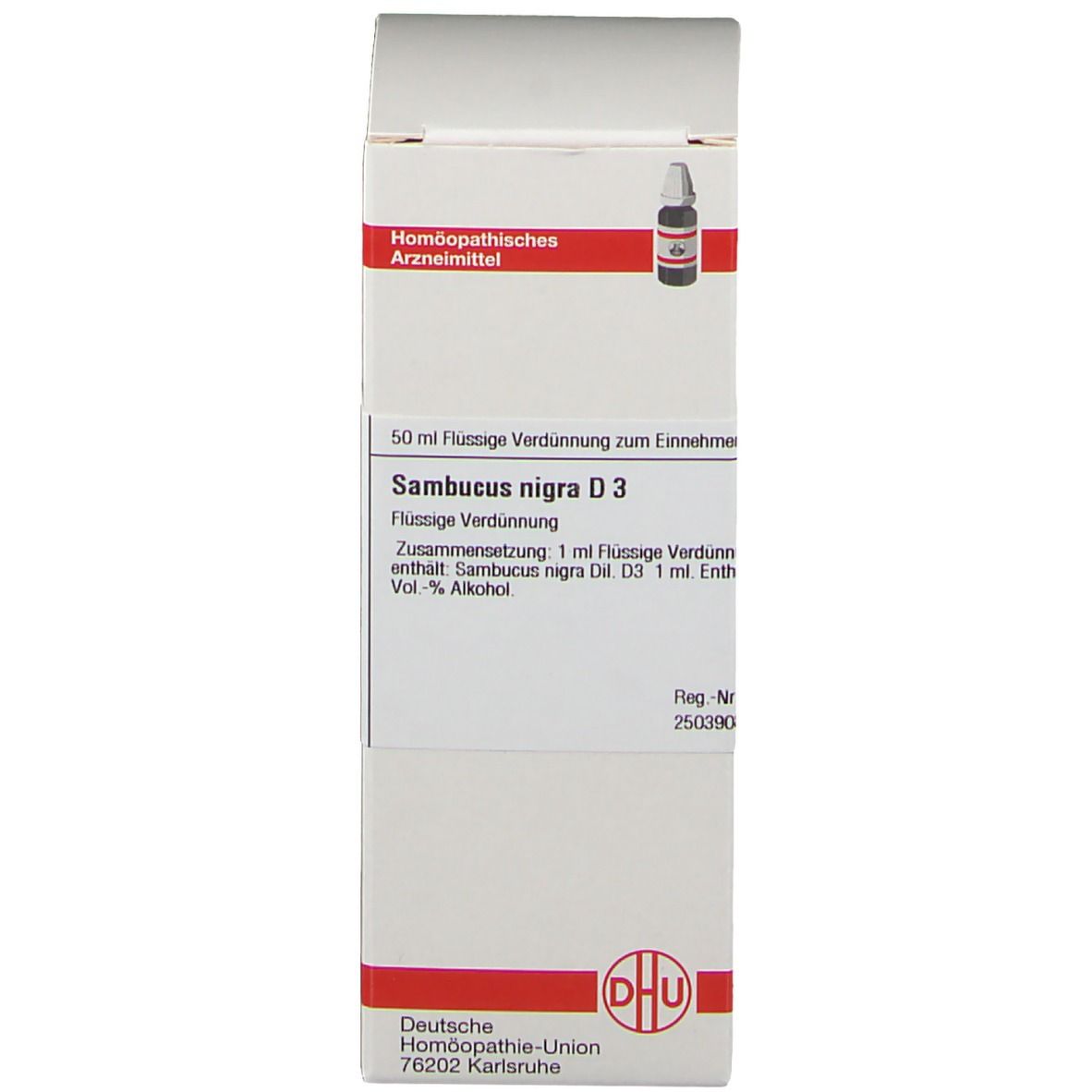 Produktverpackung. Weißer Karton mit Produktinformationen. DHU Sambucus nigra D3.