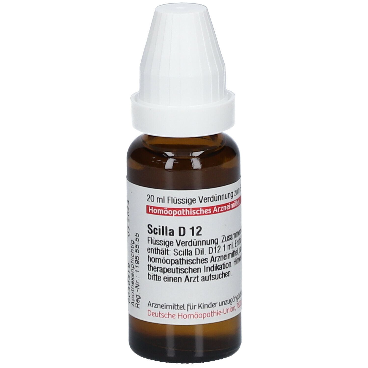 Braune Glasflasche mit weißem Verschluss. Etikett mit Text: Scilla D 12, 20 ml flüssige Verdünnung. Deutsche Homöopathie-Union.