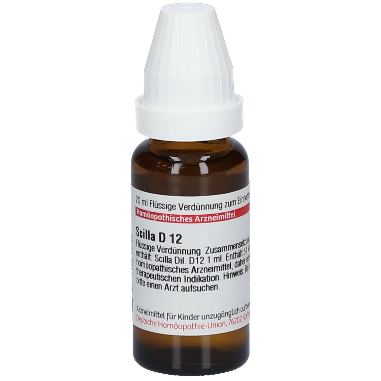 Braune Glasflasche mit weißem Verschluss. Etikett mit Text: Scilla D 12, 20 ml flüssige Verdünnung. Homöopathisches Arzneimittel.