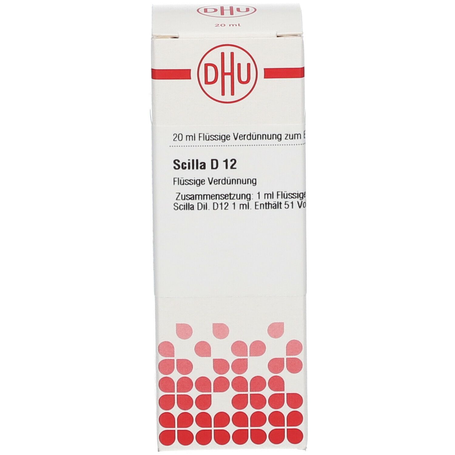 Produktverpackung mit Text: DHU, Scilla D 12, 20 ml flüssige Verdünnung. Homöopathisches Arzneimittel. Rote und weiße Farbgebung.