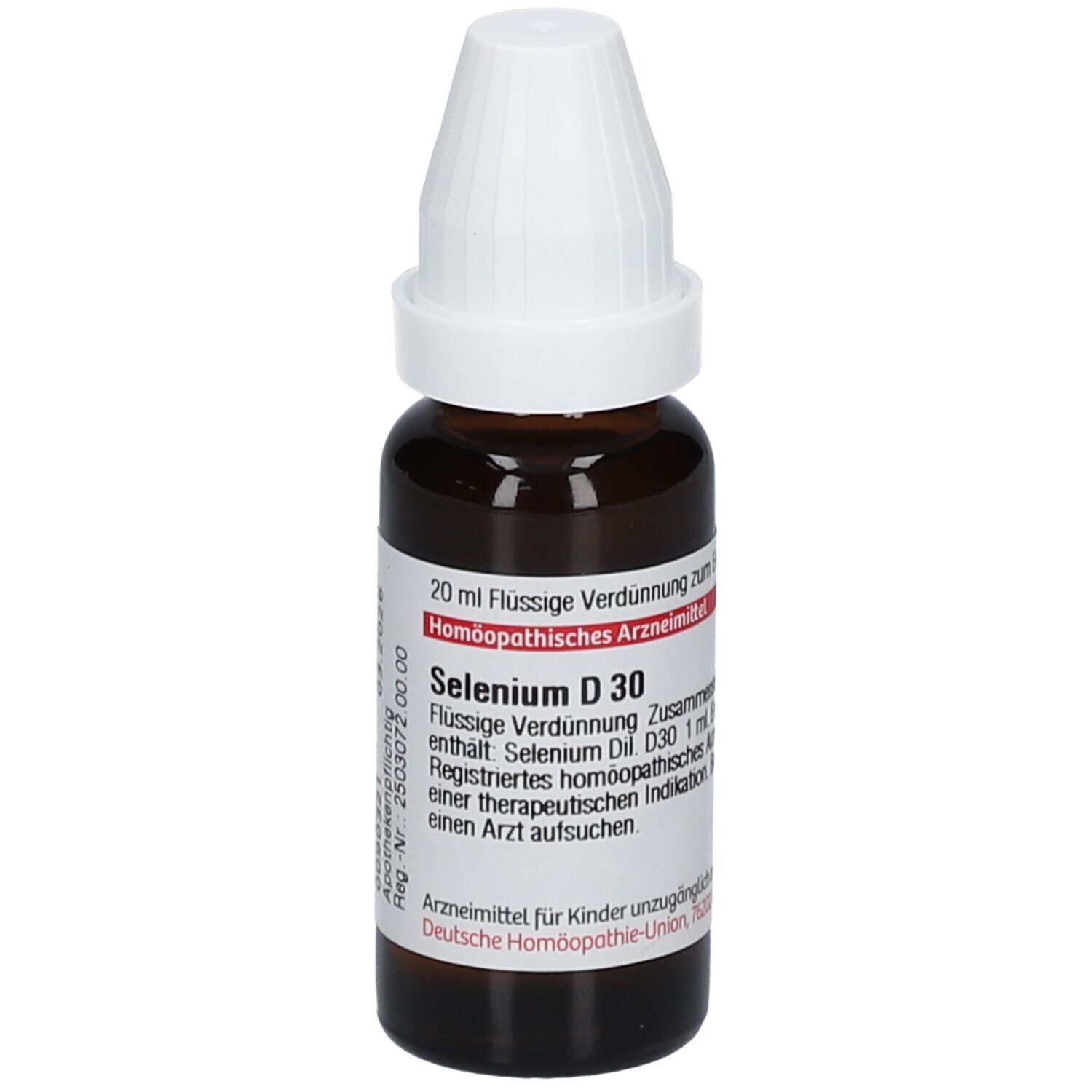Braune Glasflasche mit weißem Schraubverschluss. Etikett mit Produktinformationen: Selenium D 30, 20 ml flüssige Verdünnung.