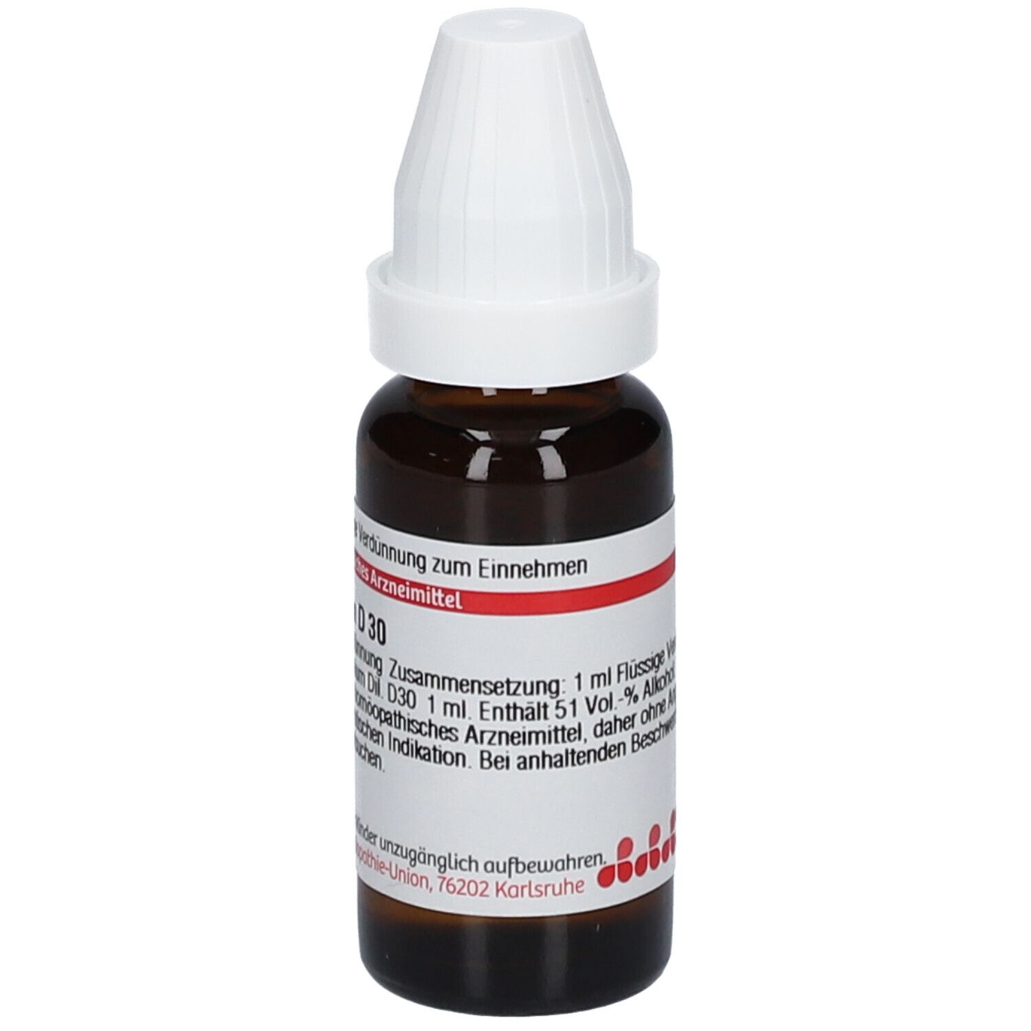 Braune Glasflasche mit weißem Schraubverschluss. Etikett mit Produktinformationen: Selenium D 30, flüssige Verdünnung.