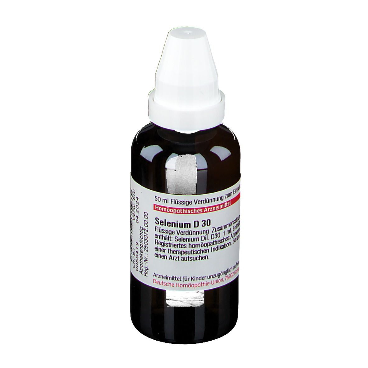Braune Glasflasche mit weißem Verschluss. Etikett mit Produktnamen Selenium D 30 und weiteren Informationen.