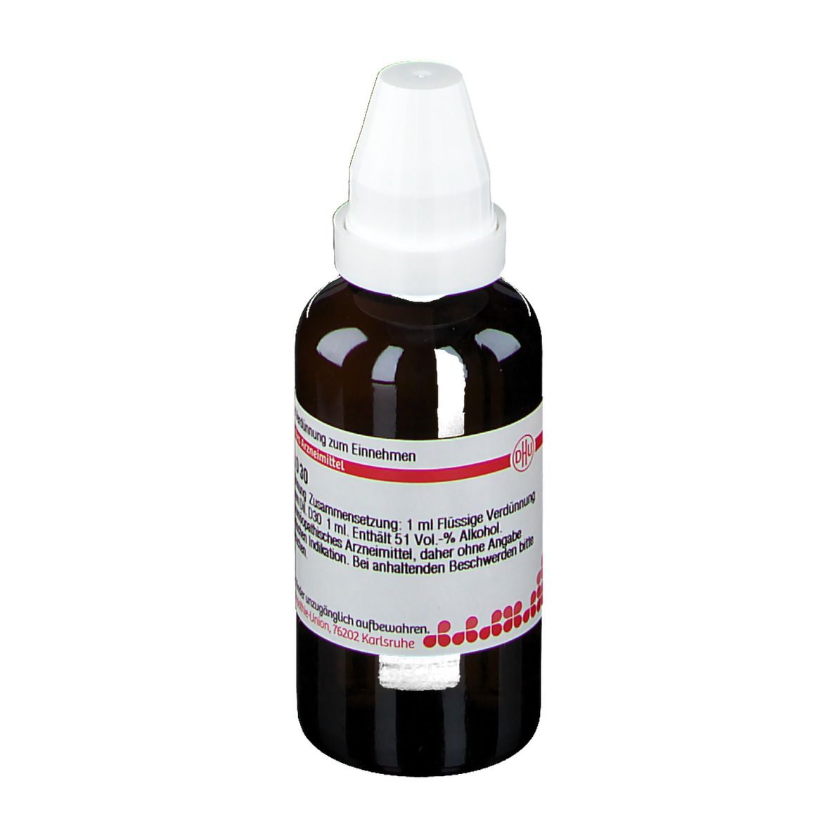 Braune Glasflasche mit weißem Verschluss. Etikett mit Produktinformationen, u.a. zur Dosierung und Inhaltsstoffen.