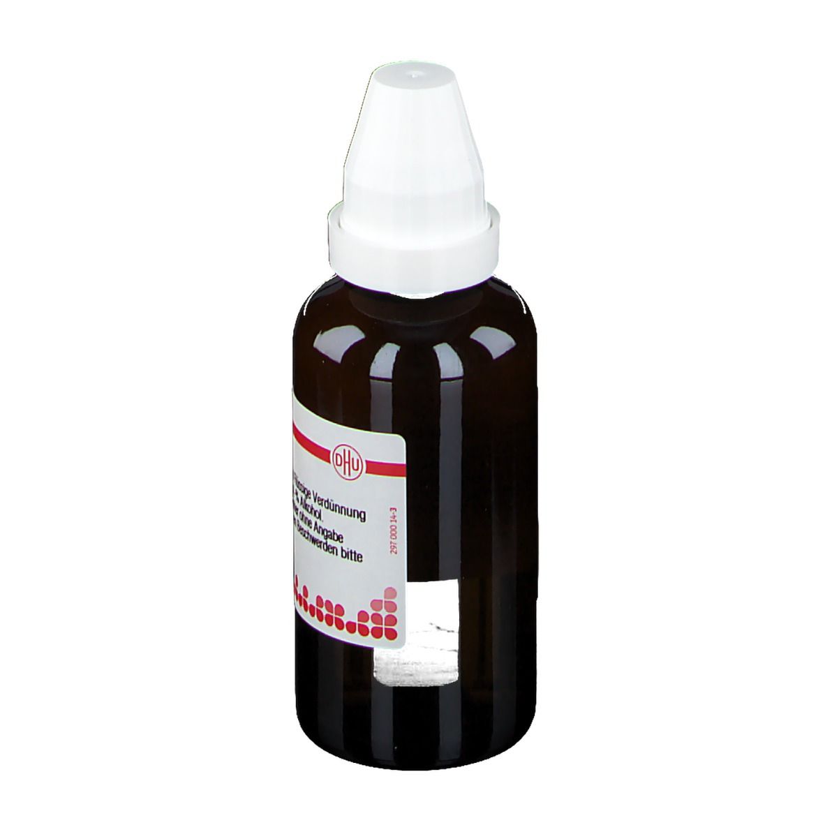 Braune Glasflasche mit weißem Verschluss. Etikett mit Produktinformationen und dem Logo der Deutschen Homöopathie-Union.