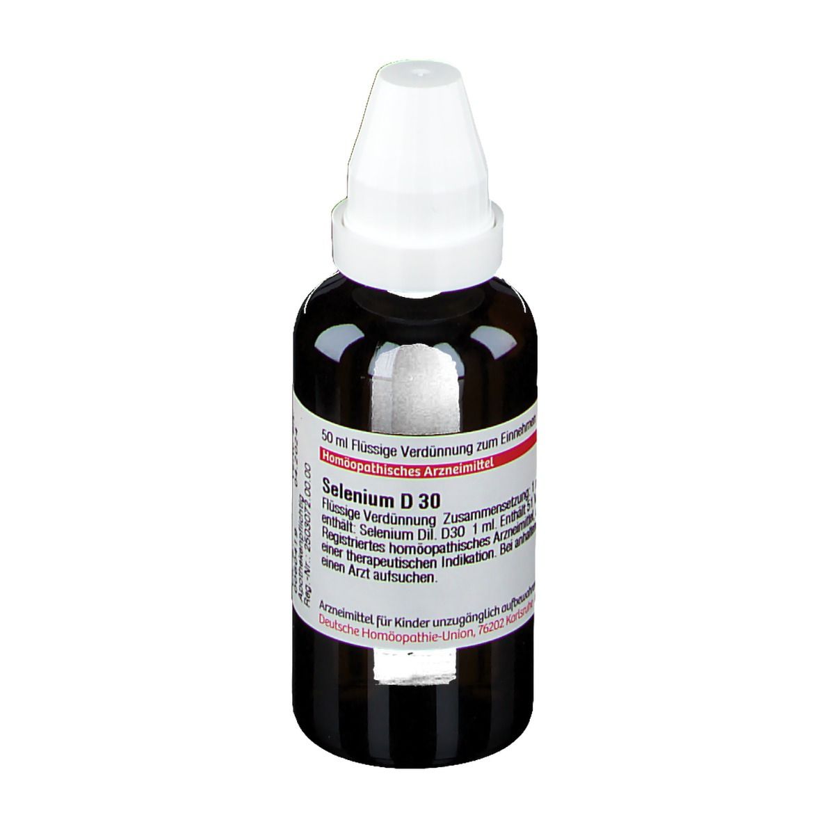 Braune Glasflasche mit weißem Verschluss. Etikett mit Produktnamen Selenium D 30 und weiteren Informationen.