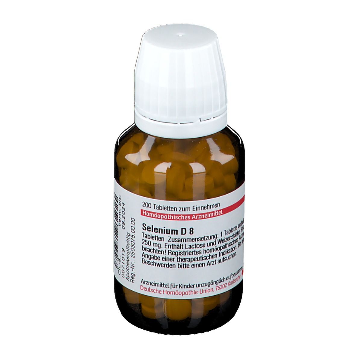 Braune Glasflasche mit weißem Deckel. Etikett mit rotem Streifen und Text. Enthält Tabletten. Aufschrift: Selenium D8.