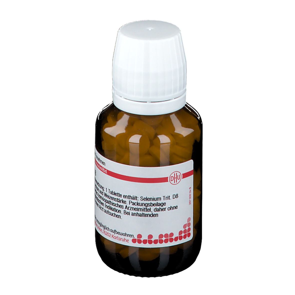 Braune Glasflasche mit weißem Deckel. Etikett mit rotem Streifen und Text. Enthält Tabletten. Aufschrift: Selenium D8.