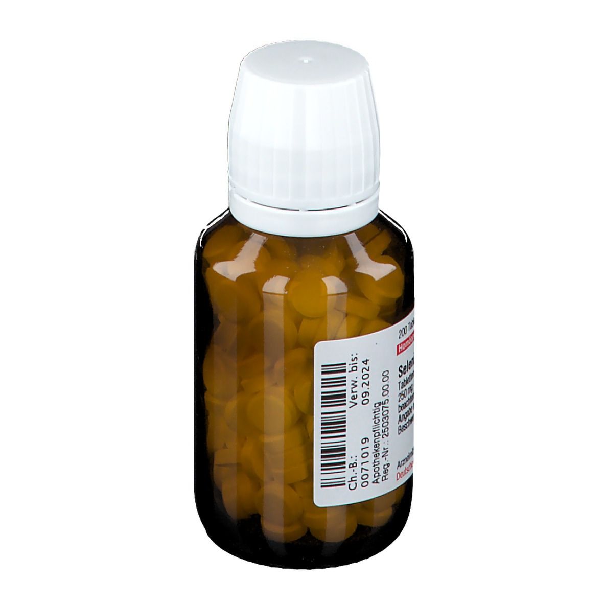 Braune Glasflasche mit weißem Deckel. Etikett mit rotem Streifen und Text. Enthält Tabletten. Aufschrift: Selenium D8.