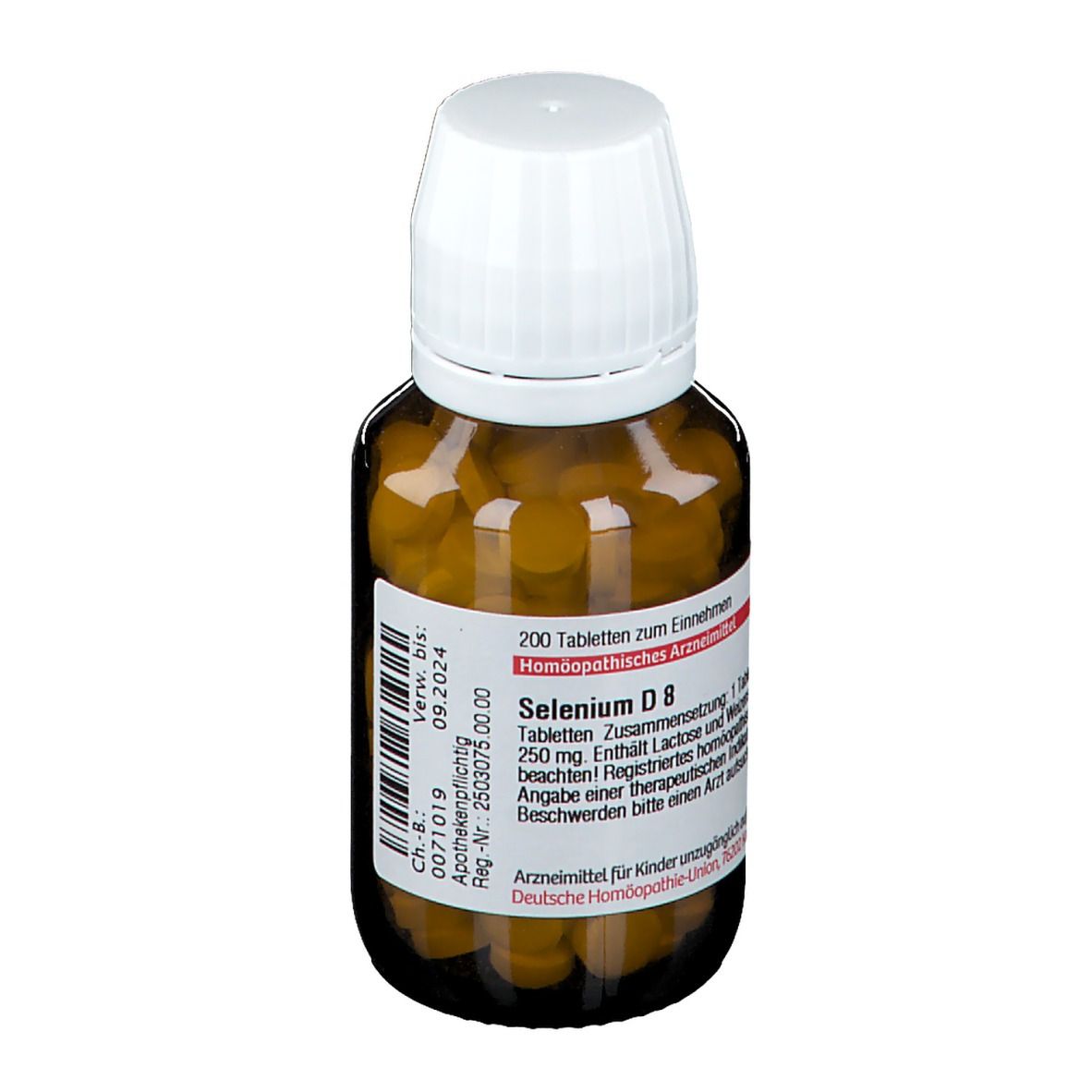 Braune Glasflasche mit weißem Deckel. Etikett mit rotem Streifen und Text. Enthält Tabletten. Aufschrift: Selenium D8.