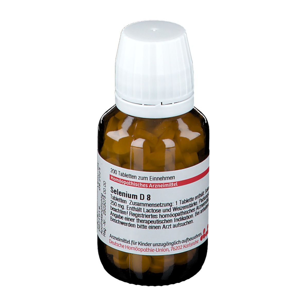 Braune Glasflasche mit weißem Deckel. Etikett mit rotem Streifen und Text. Enthält Tabletten. Aufschrift: Selenium D8.