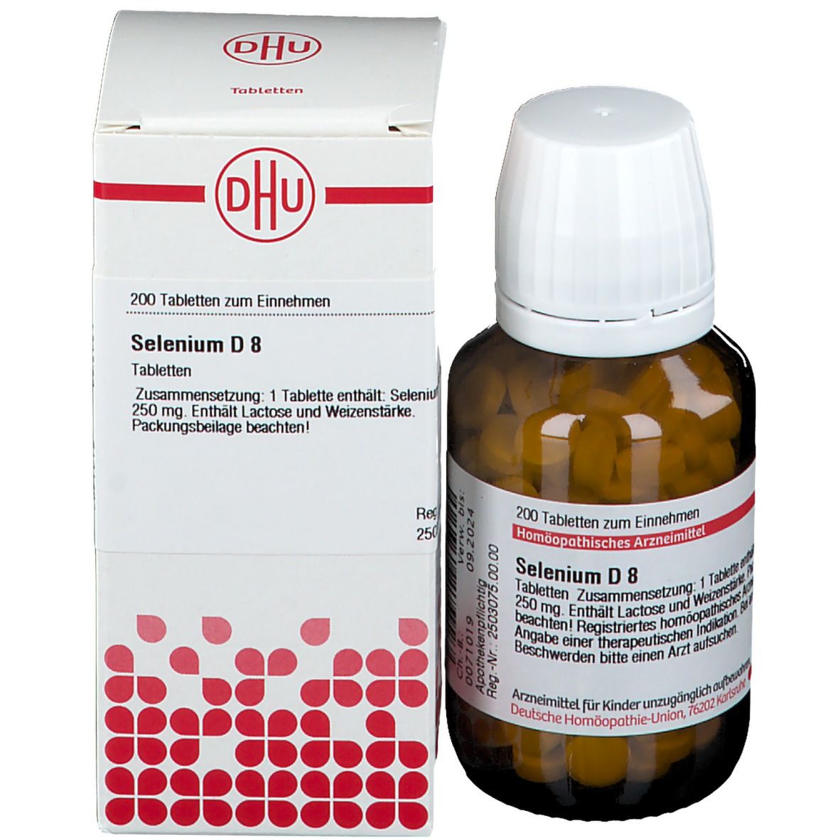 Produktverpackung mit Flasche. Weiße Schachtel mit rotem Logo und Text. Braune Flasche mit Tabletten und Etikett.