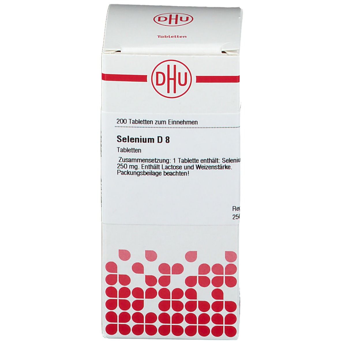Weiße Schachtel mit rotem Logo und Text. Aufschrift: Selenium D8. Enthält Tabletten. Packungsbeilage beachten!