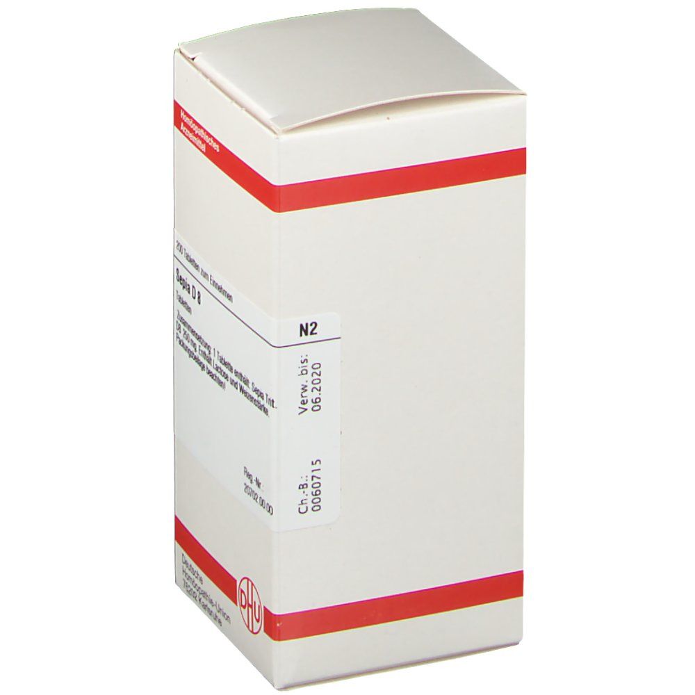 Weiße Schachtel mit roter Umrandung. Auf der Seite: Sepia D 8, Verfallsdatum 06.2020, DHU Logo. Homöopathisches Arzneimittel.