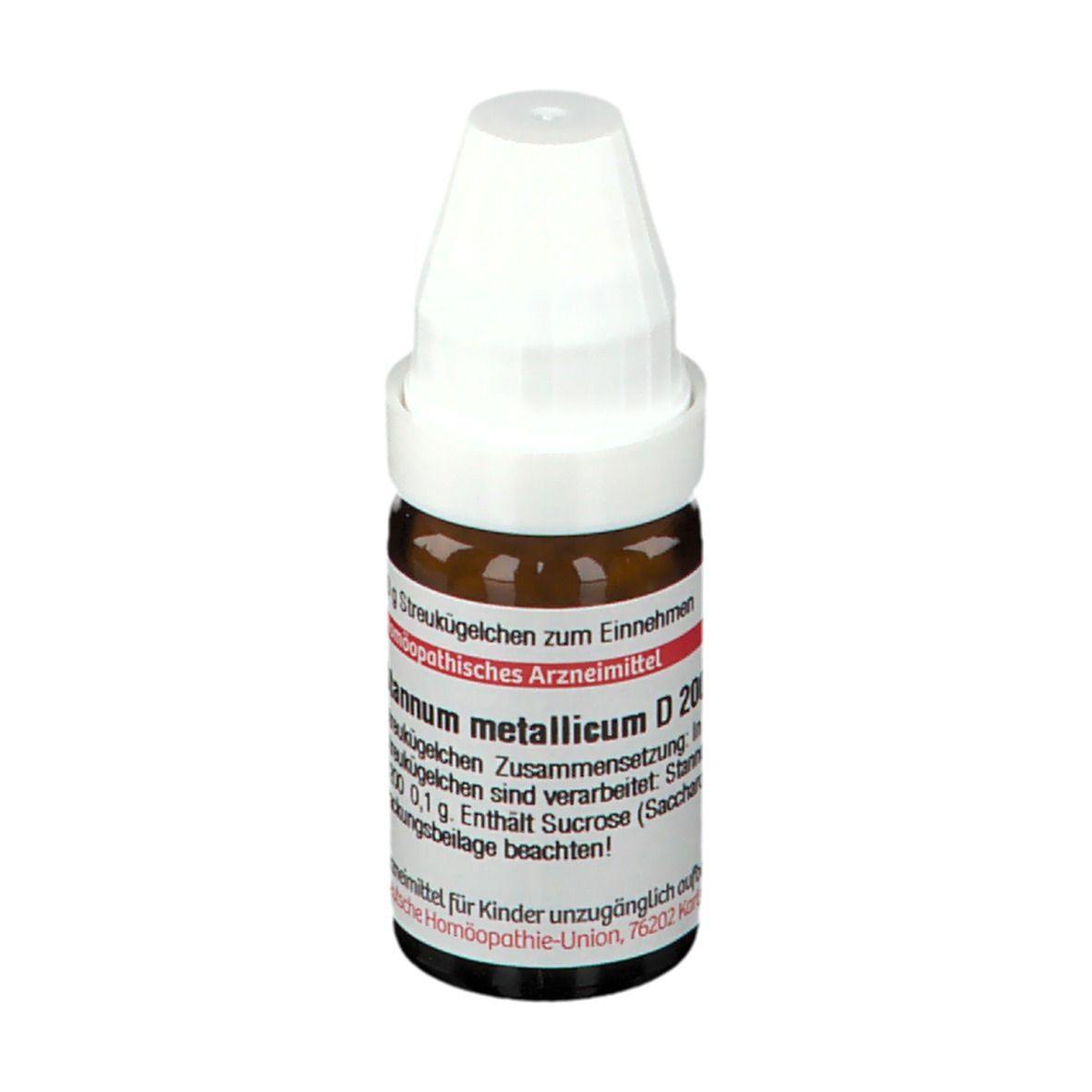 Braune Glasflasche mit weißem Deckel. Beschriftung: Stannum metallicum D 200, DHU. Homöopathisches Arzneimittel.