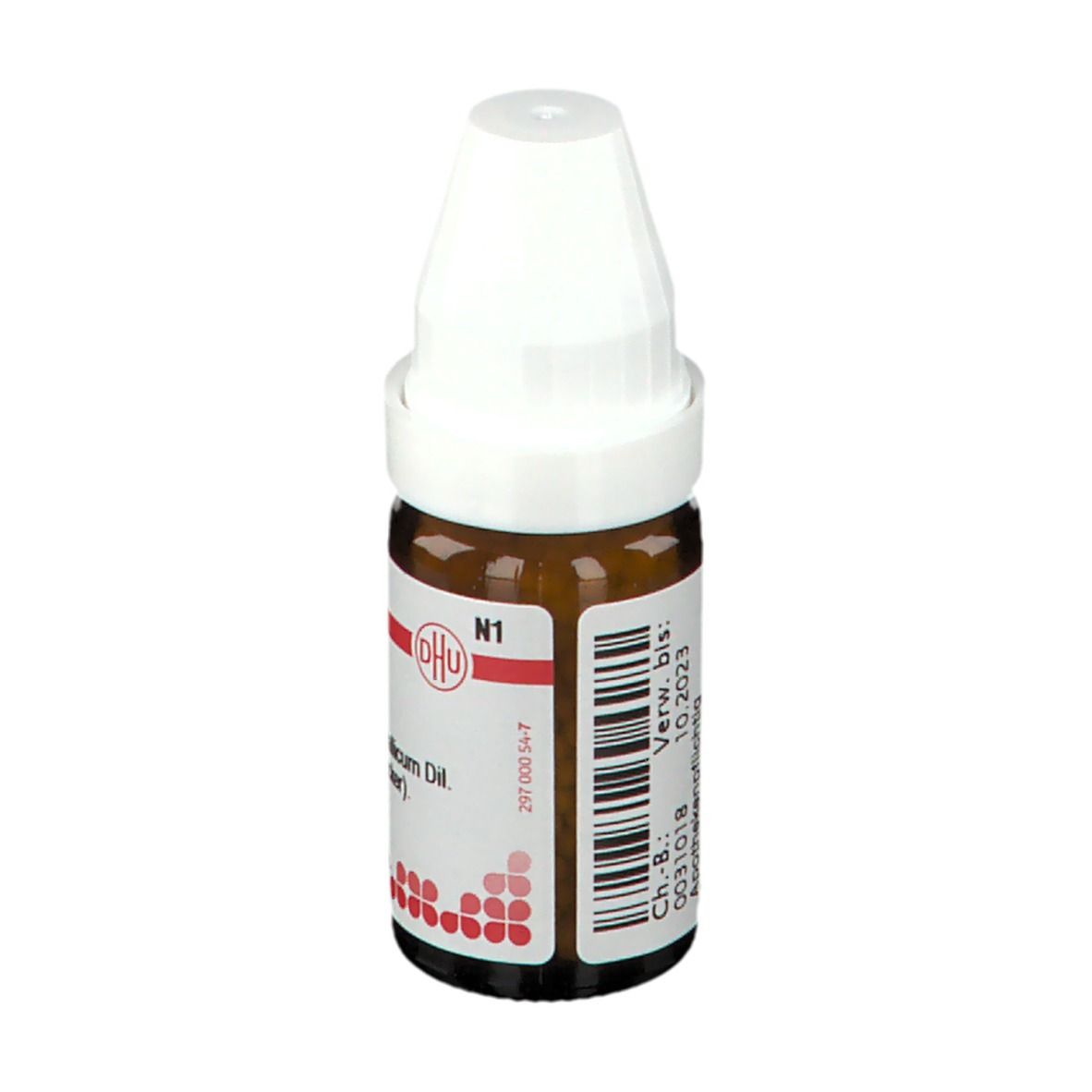 Braune Glasflasche mit weißem Deckel. Beschriftung: DHU, N1. Barcode und Verfallsdatum.